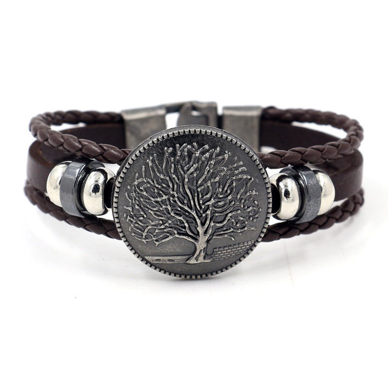 [Z H Perhiasan] Vintage Nordic Viking Rock Pohon Kehidupan Gelang Kulit Pria Dan Wanita Fashion Stainless Steel Multilayer Manik-Manik PU Gelang Punk Pesta Perhiasan Aksesoris