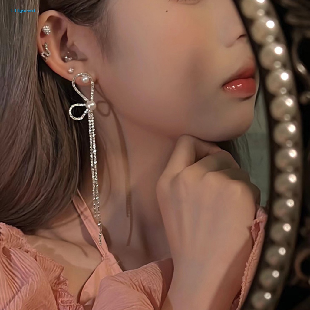 Lilyscent 1pasang Hypoallergenic Drop Earrings Perhiasan Aksesoris Fashion Mutiara Imitasi Anting Rumbai Berlian Imitasi