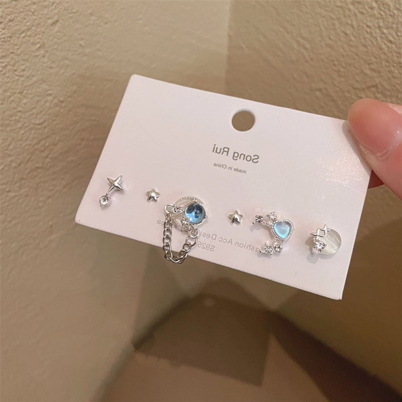 6pcs/set Set Anting Tusuk Fashion Alloy Kristal Hati Bintang Geometris Untuk Wanita