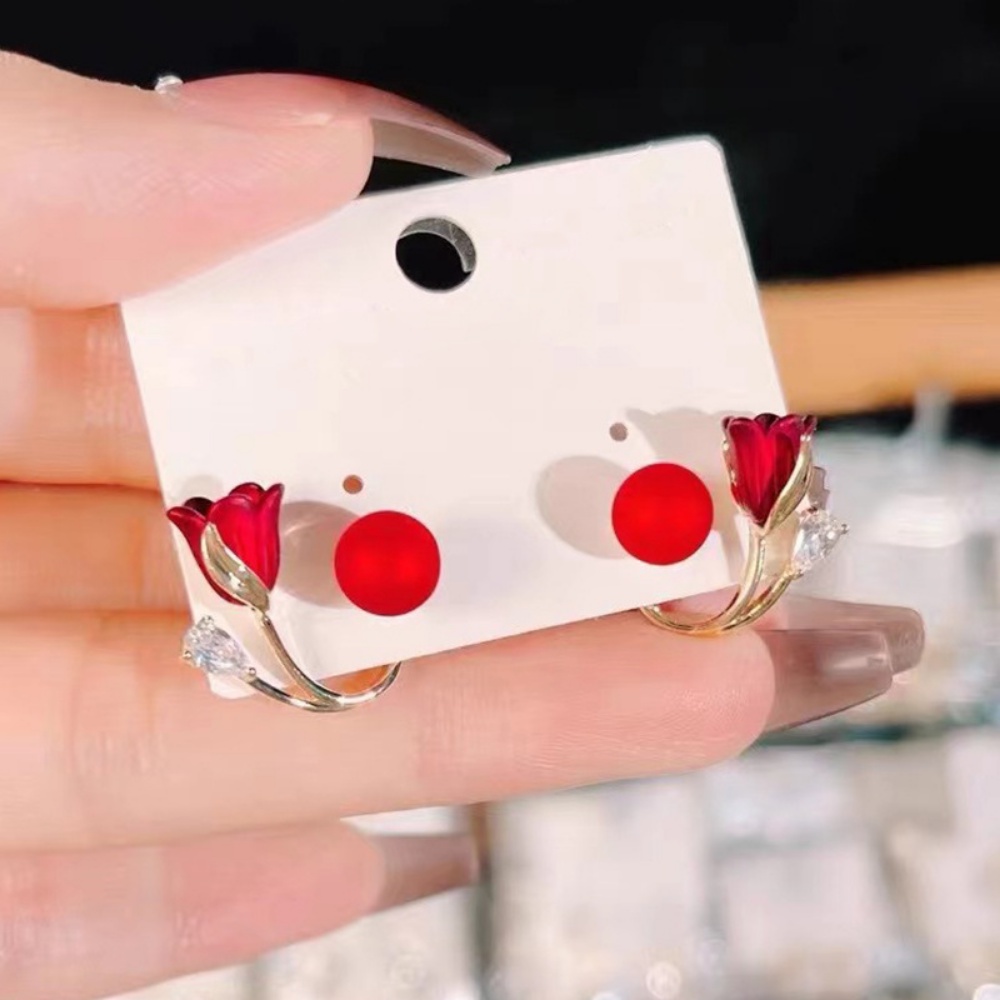 Deartiara Sepasang Anting Mutiara Imitasi Bunga Tulip Retro Merah Dengan Anting High-end Dan Bergaya