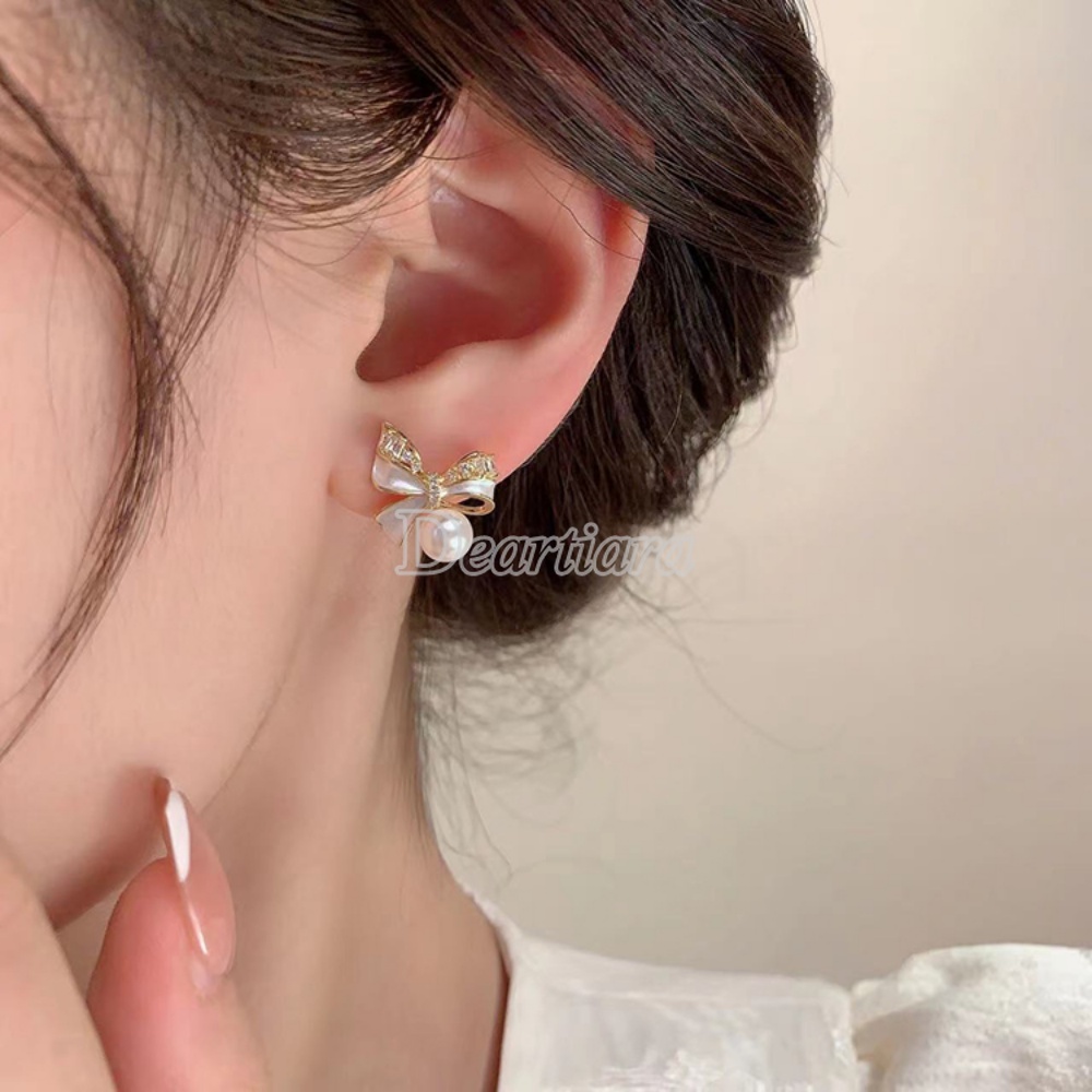 Temperamen Anting Busur Mutiara Manis Kecil Dan Indah Micro Set Zirkon Anting Fashion Anting Serbaguna