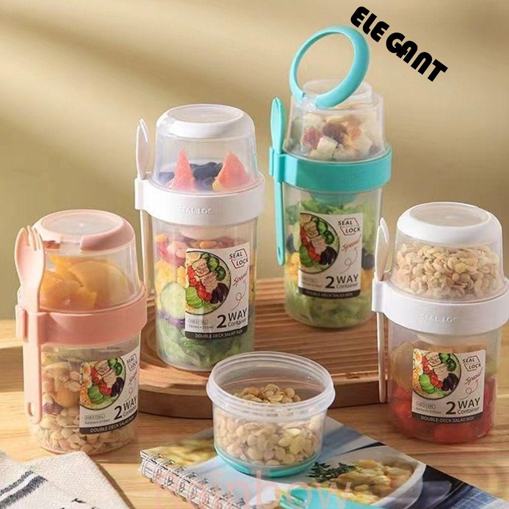 [Elegan] Salad Cup Portable Plastik Dengan Garpu Dipisahkan Double-layer Fresh-keeping Lunch Box