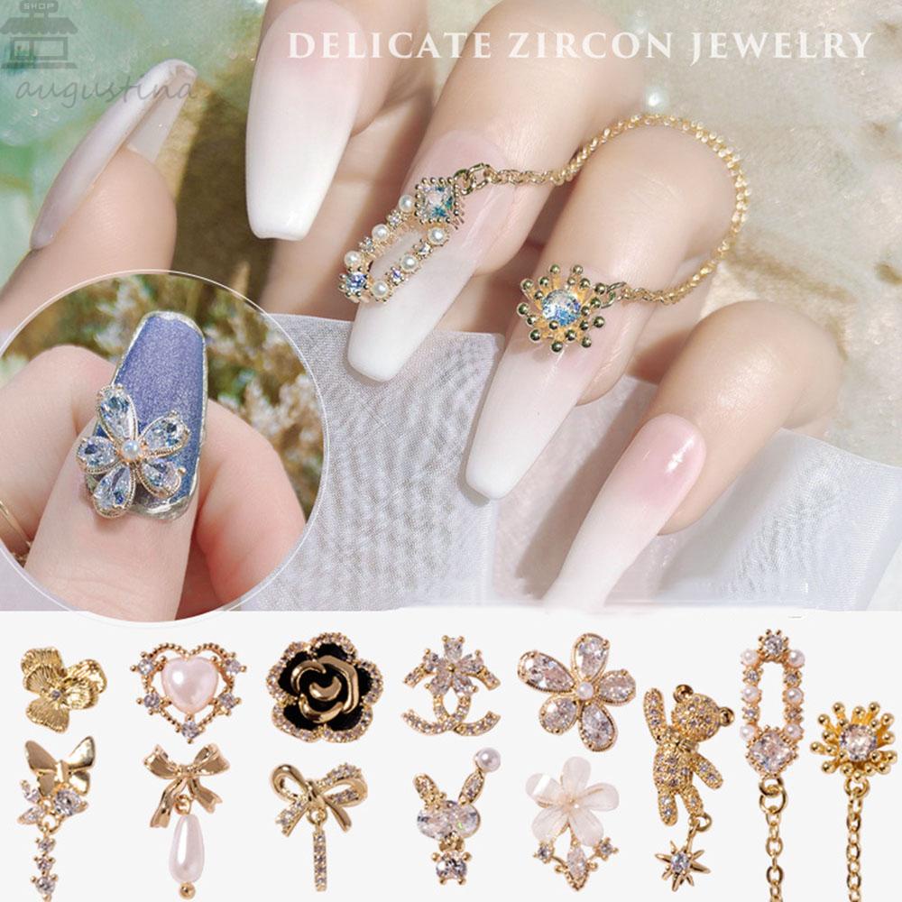 Agustina Kupu-Kupu Kuku Rhinestones Pesona Zirkon Bunga Mewah Nail Art Perhiasan Rantai Liontin Manicure Aksesoris