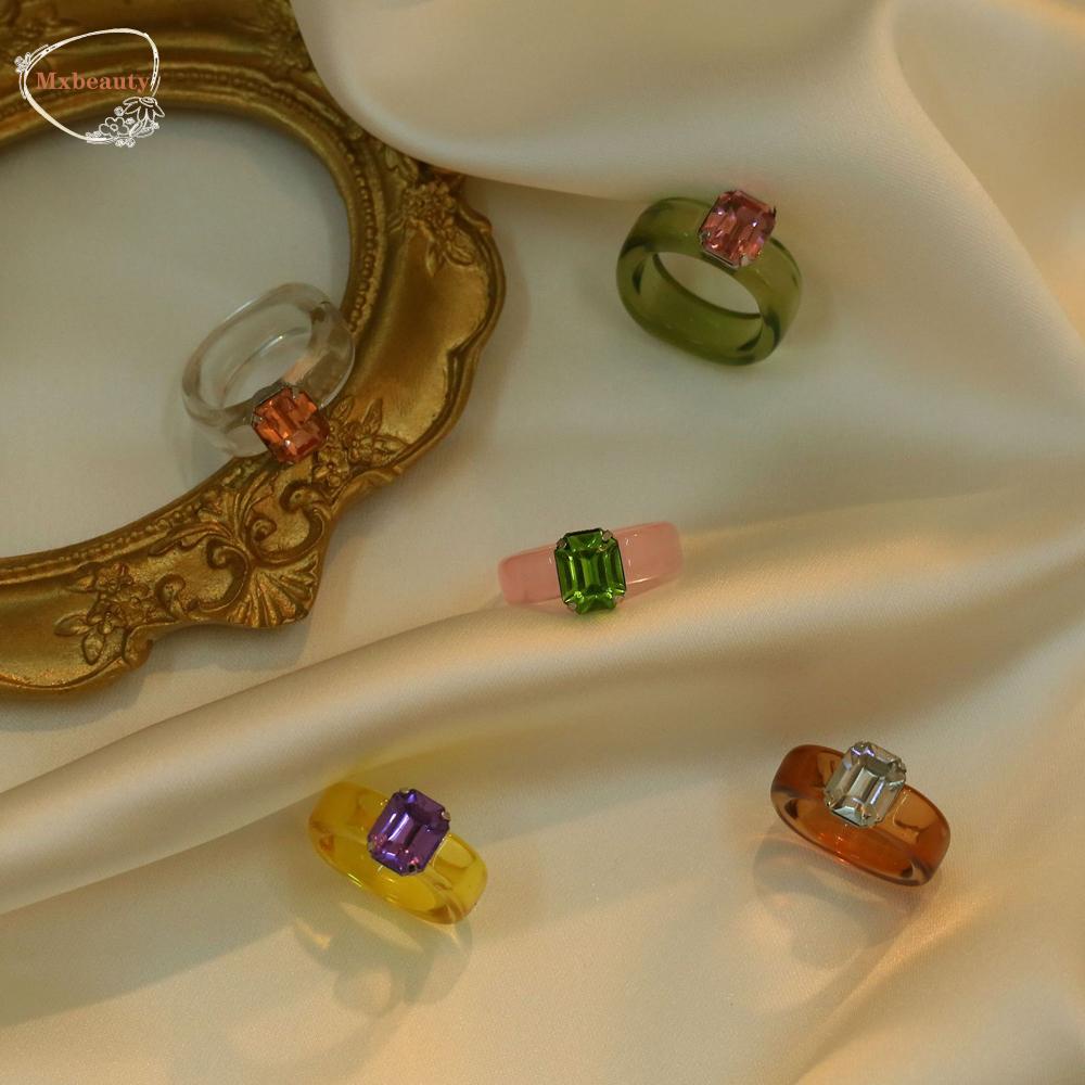 MXBEAUTY Elegant Finger Ring Trendy Geometric Resin Rings Women Fashion Jewelry Cool Rhinestone Girls Acrylic Transparent/Multicolor