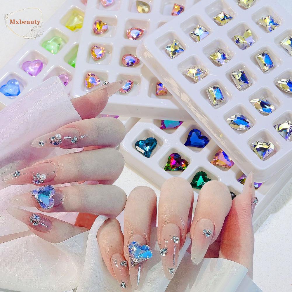 Mxbeauty 3D Perhiasan Nail Art Manis Mengkilap Gaya Jepang Runcing Bawah Permata Transparan Nail Art Dekorasi Hiasan Kuku Set Bentuk Tidak Teratur Pesona Kuku