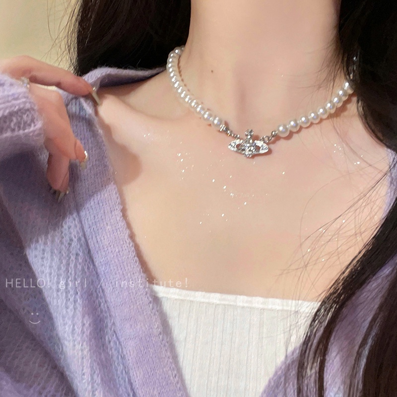 Yeezii Fashion Kristal Planet Klavikula Kalung Mutiara Manik Rantai Perak Choker Untuk Aksesoris Perhiasan Wanita