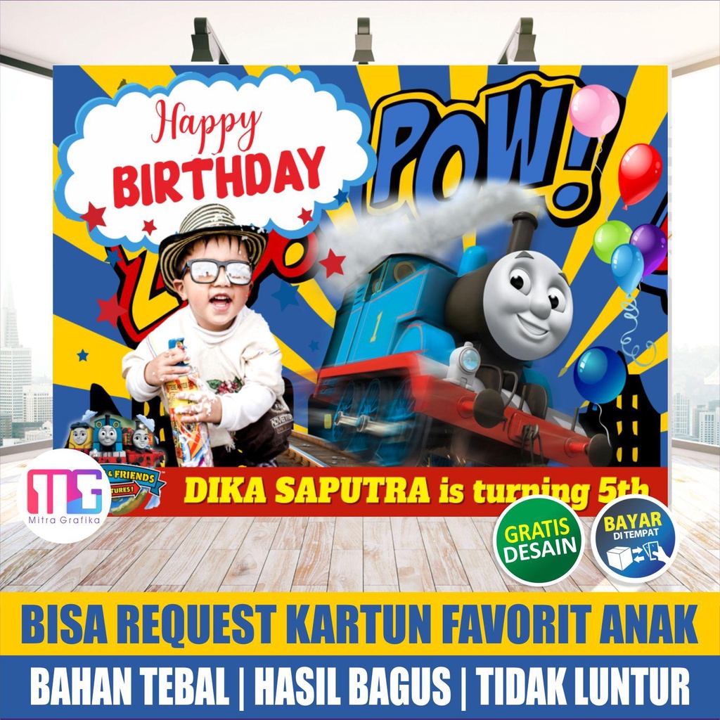 Cetak Spanduk ultah anak tema thomas and friend / banner ulang tahun anak tema  kereta api /backdrop