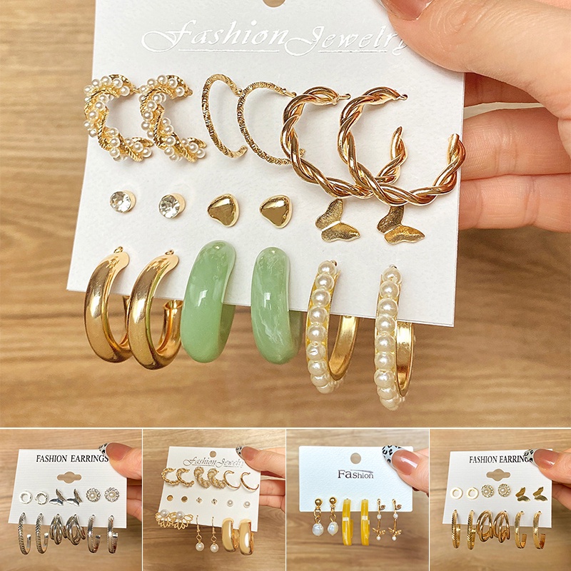 1set Retro Temperamen Geometris Anting Set Lingkaran Emas Resin Earing Wanita Alloy Drop Perhiasan Aksesoris 6set Untuk Memilih