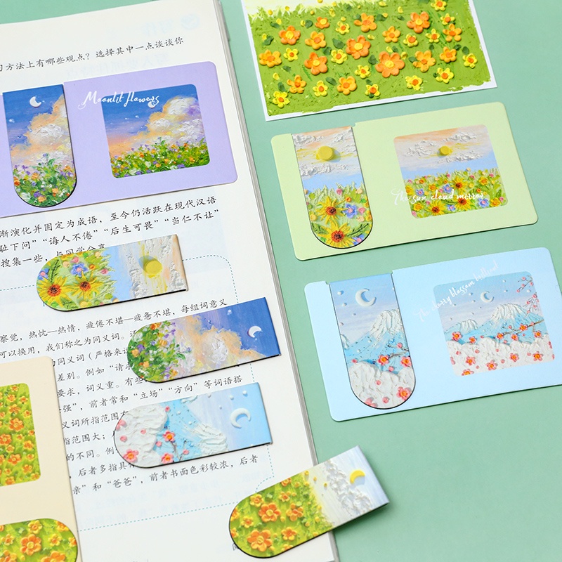 3pcs Seri Lukisan Minyak Cantik Bookmark Magnet Siswa Mini Book Page Folder