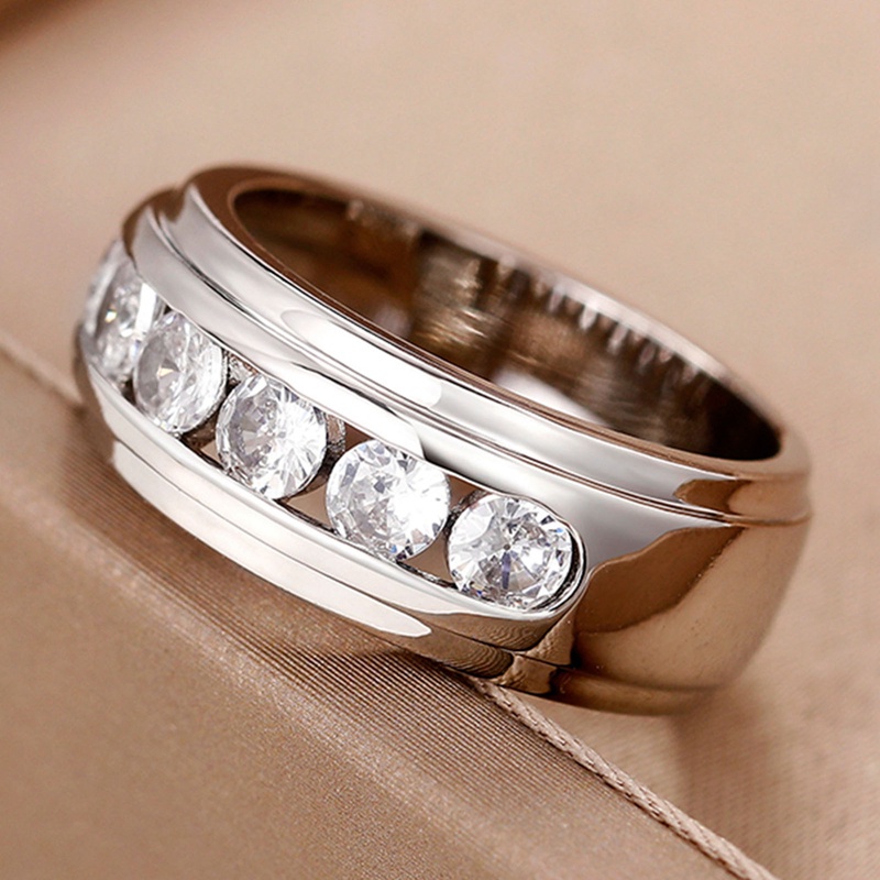 Cincin Pasangan Warna Silver Dengan Cubic Zirconia Bulat Desain Serbaguna Sederhana Pernikahan Band Lover's Rings Statement Jewelry