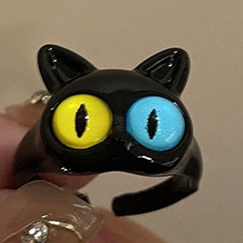 Cincin Monster Hijau Lucu Baru Wanita Fashion Manis Dua Warna Mata Kucing Terbuka Pasangan Cincin Pernikahan Jari Aksesoris Perhiasan