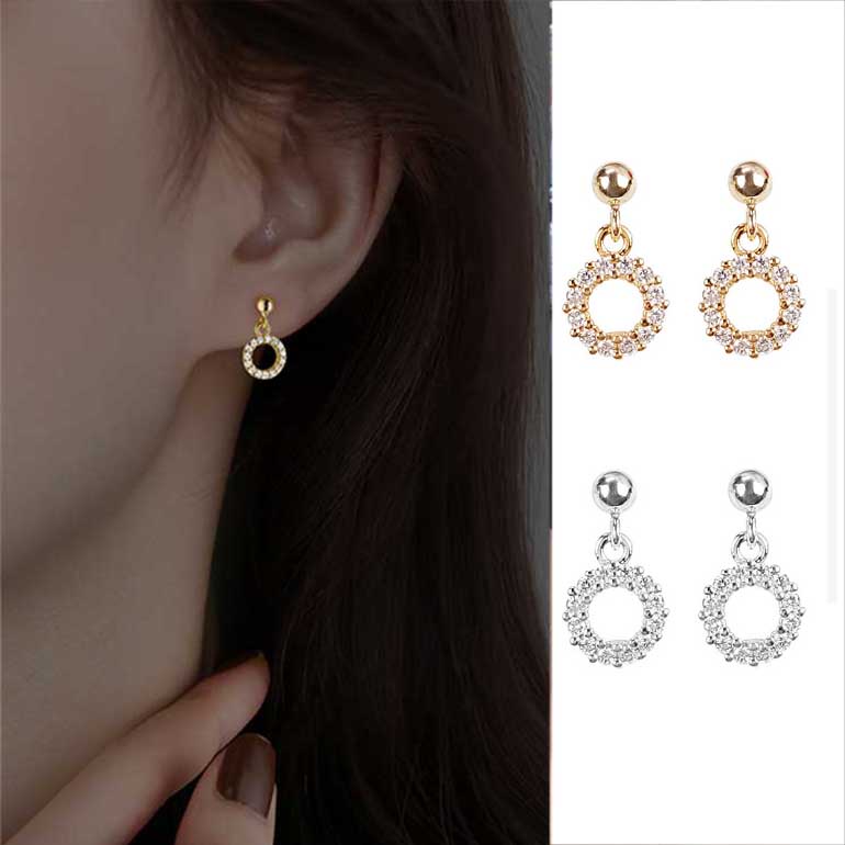 Korea Elegan Berlian Kristal Bulat Drop Anting-Anting Perak Emas Wanita Fashion Perhiasan Stud Earrings