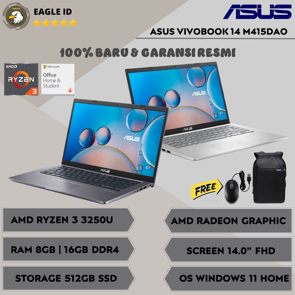 Laptop Gaming Murah Asus Vivobook M415DAO AMD Ryzen 3 3250U RAM 8GB SSD 512GB 14 Inchi FHD