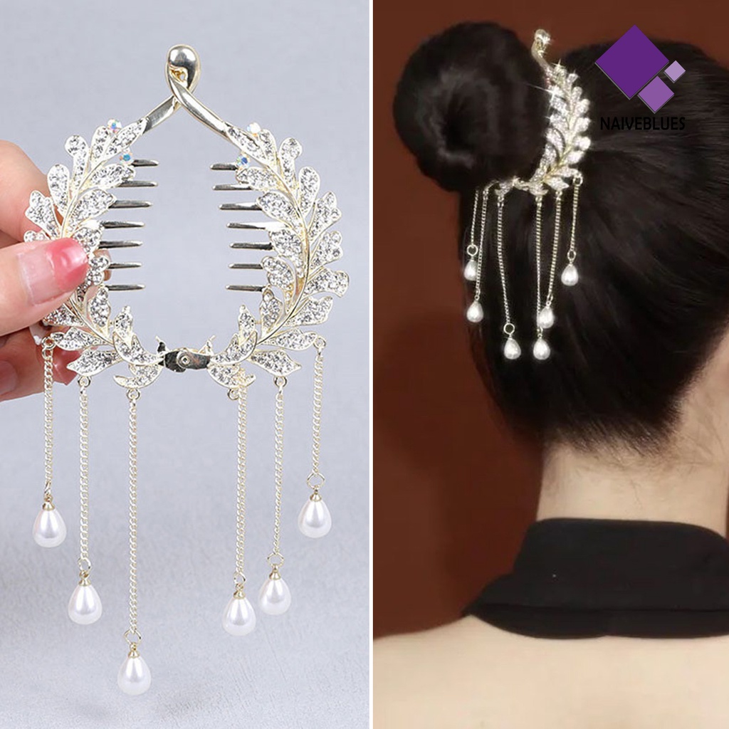 &lt; Naiveblues &gt; Bun Hair Claw Rhinestone Rumbai Bentuk Mutiara Imitasi Dengan Hiasan Gigi Bahan Alloy Mewah Anti-slip