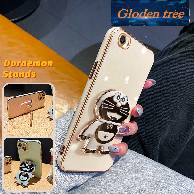 Gloden tree Casing Untuk vivo Y65 Y66 Case Fashion Kartun Doraemon Lipat Stand Phone Case Electroplating Shockproof Phone Holder Case