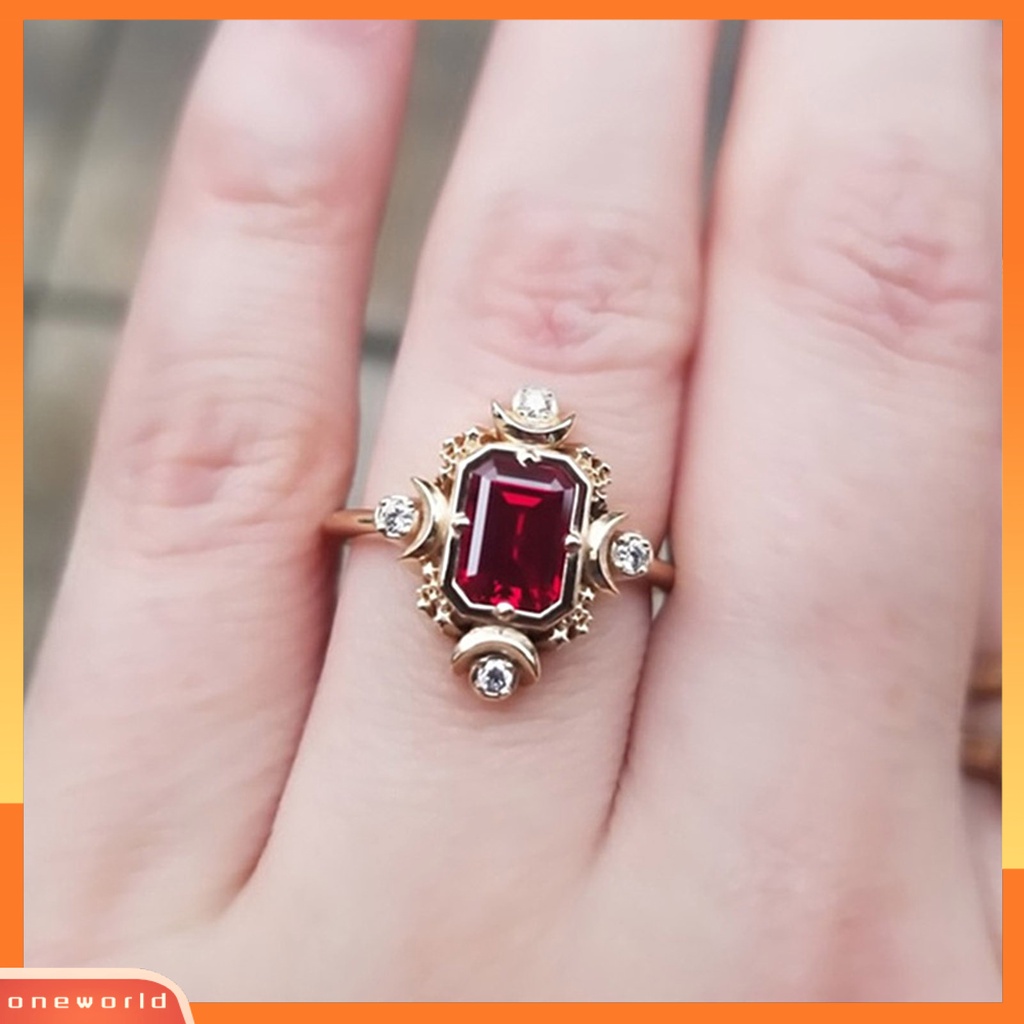 [EONE] Cincin Wanita Persegi Merah Perhiasan Permata Imitasi Electroplating Rhinestones Finger Ring Untuk Pernikahan