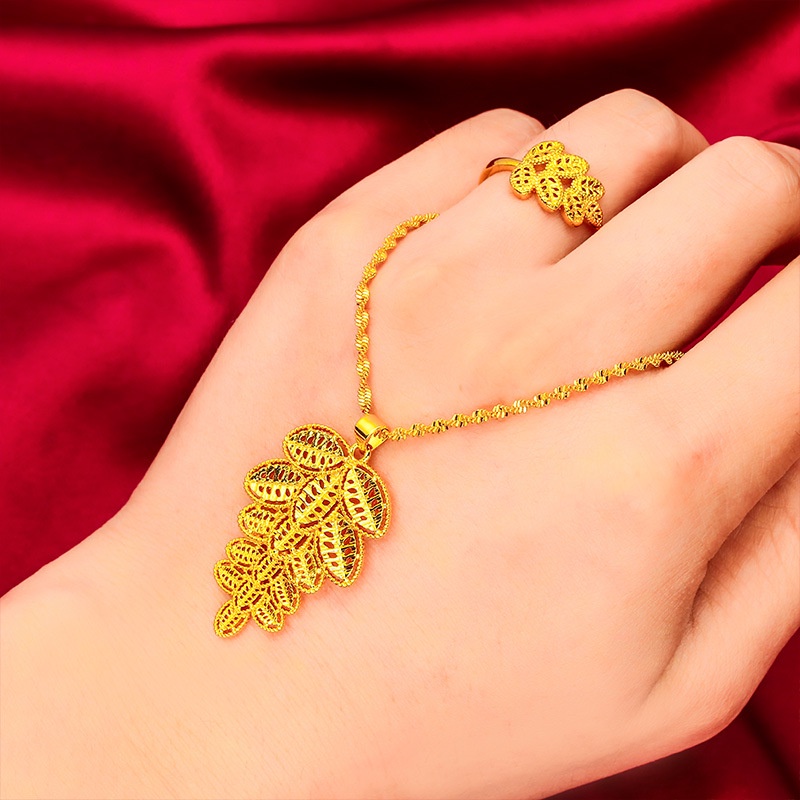 Goldkingdom Perhiasan Fashion 24K Bangkok Aksesoris Ready Stock Wanita Daun Cincin Liontin Kalung Set