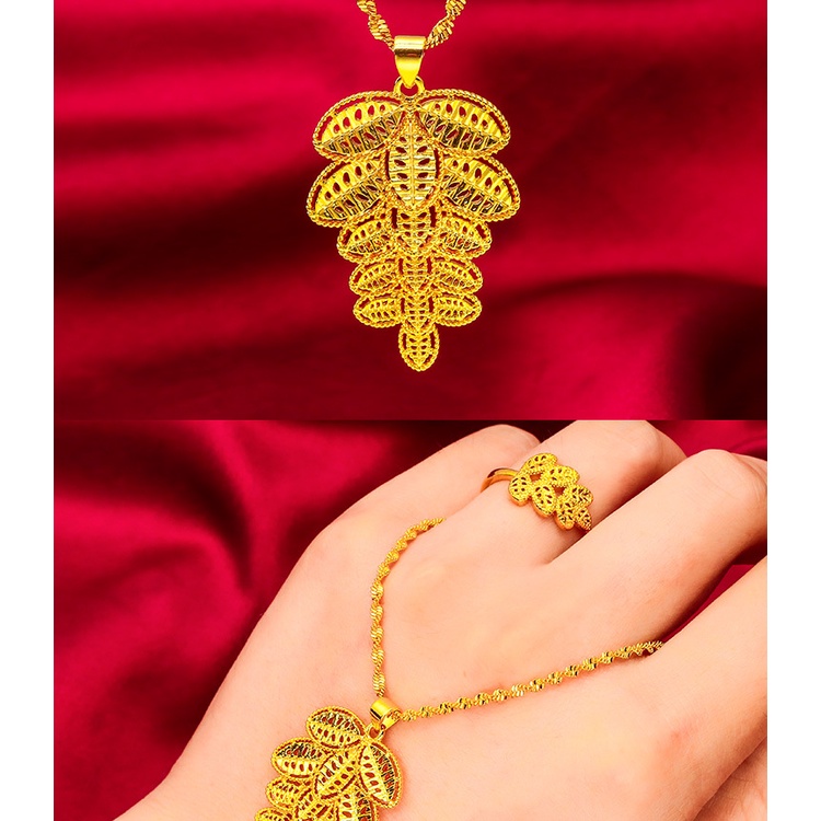 Goldkingdom Perhiasan Fashion 24K Bangkok Aksesoris Ready Stock Wanita Daun Cincin Liontin Kalung Set