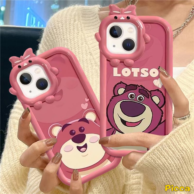 Oppo A15 A57 A16 A5s A76 A74 A17 A17K A54 A95 A12 A3s A77 A7 A55 A96 A5 A9 A16K A53 A16E A77s Reno 7Z 5 A31 A52 3D Bow Little Monster Lens Kartun Manyo Cute Strawberry Bear Case