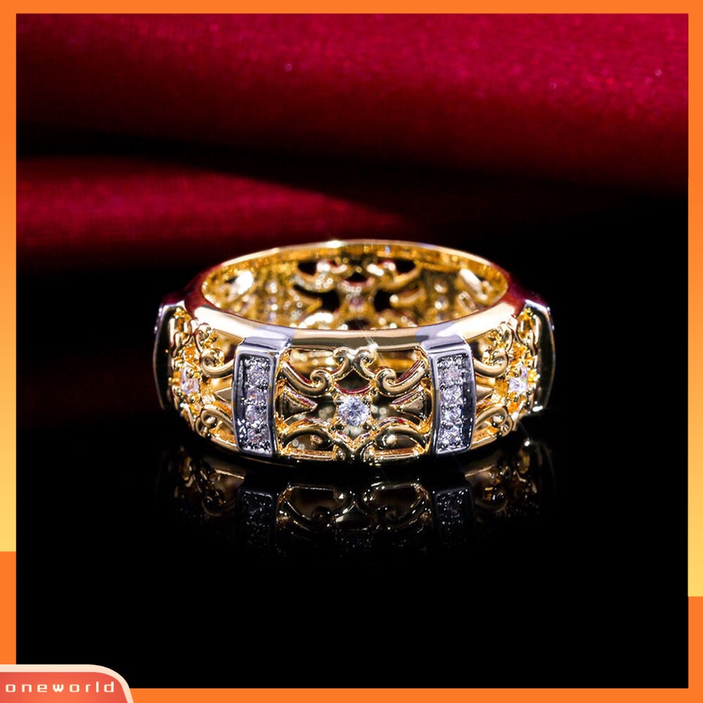 [EONE] Wanita Cincin Gaya Vintage Berongga Ukiran Dua Warna Kuno Bling Cubic Zirconia Ladies Finger Ring Fashion Jewelry