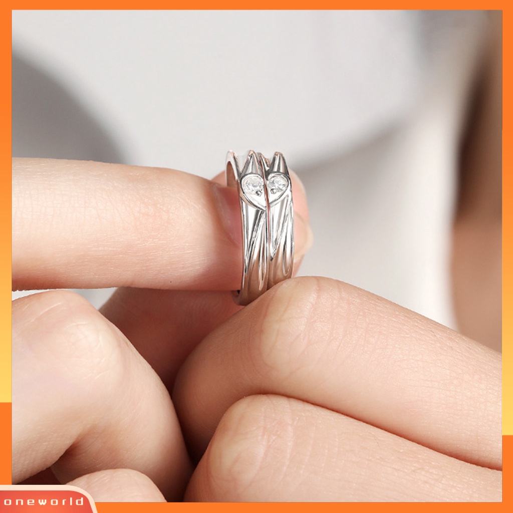 [EONE] Pasangan Cincin Pembukaan Elegan Adjustable Warna Perak Berlian Imitasi Tertanam Cinta Hati Jari Cincin Perhiasan Fashion