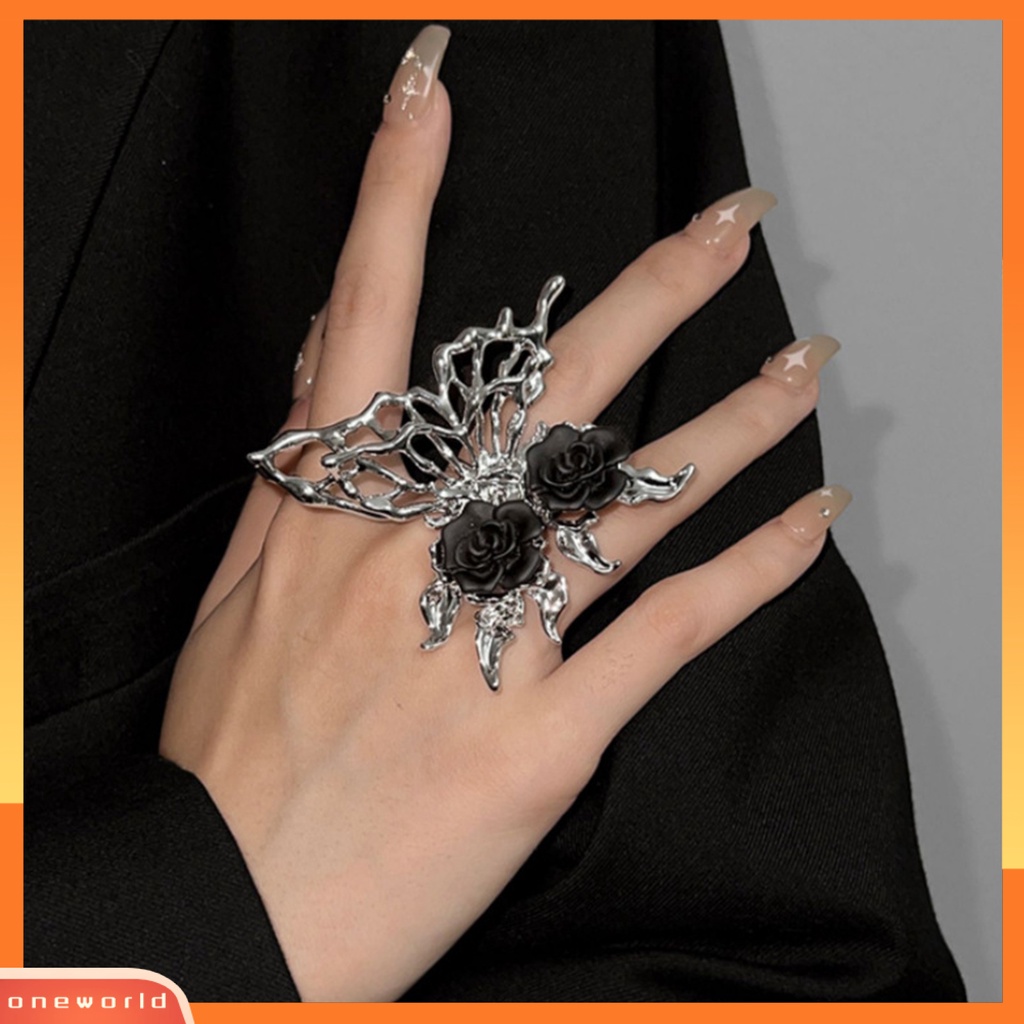 [EONE] Wanita Cincin Berlebihan Pembukaan Gothic Punk Tidak Teratur Hadiah Berlian Imitasi Berongga Kupu-Kupu Hitam Mawar Jari Cincin Fashion Perhiasan