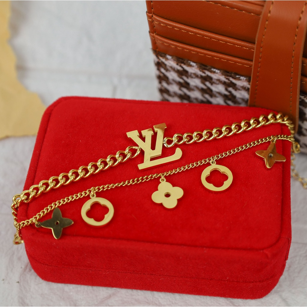 GROSIR Gelang tangan dua layer L  V titanium stainless steel 316l anti karat import berkualitas bisa bayar di tempar COD