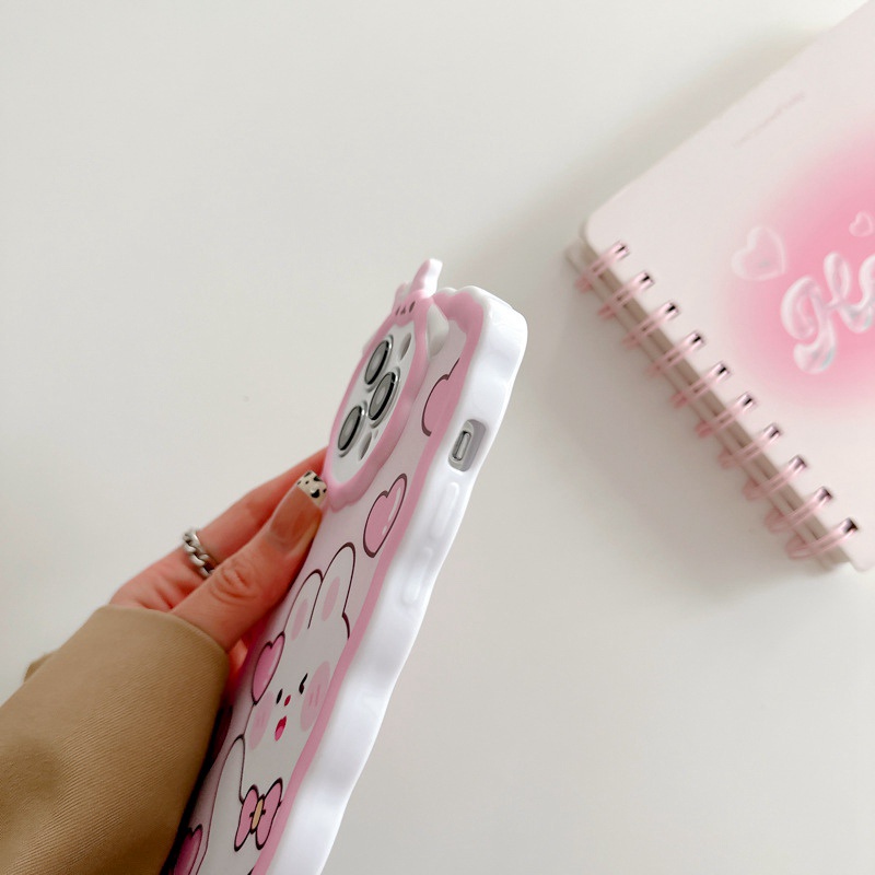 【Lamb Style】Pink Lucky Bunny Soft TPU Case HP iP iPhone 11 12 13 14 Pro Max 7 8 + Plus SE 2020 X XS XR Max Girl Woman FTD Casing Apple