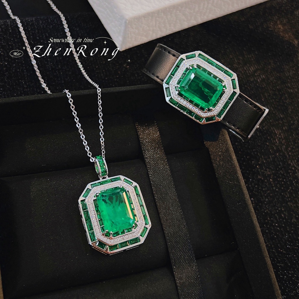 Goldkingdom Aksesoris Perhiasan Fashion Ready Stock Seiko Emerald Pendant Kalung High-end Kristal Berlian Hijau Menonton Gelang Tangan