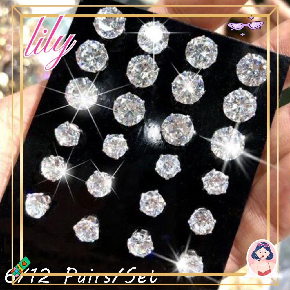 Lily 6/12pasang Anting Tusuk Set Elegan Wanita Pernikahan Bulat Zircon