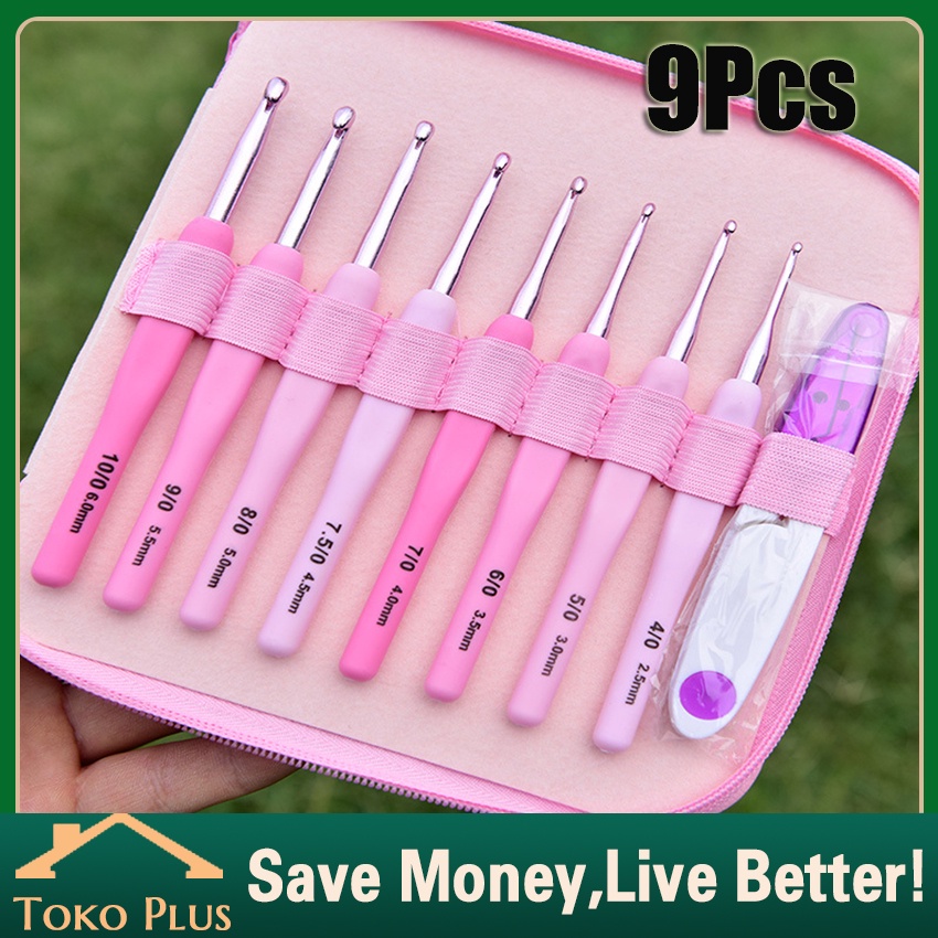 Murah 9Pcs Crochet Hook Set Ergonomic Hakpen Crochet Hook (Alat/Jarum Rajut) with Pink Case Knitting