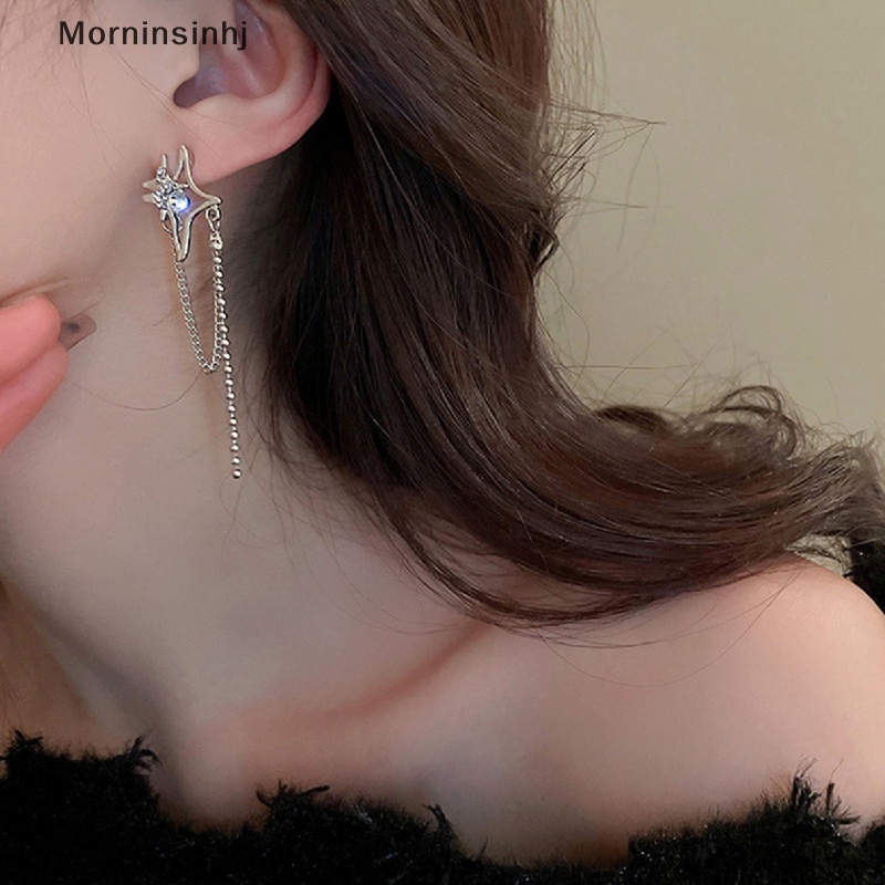 Mornin 1pasang Anting Rumbai Rantai Bintang Kristal Tidak Teratur Untuk Wanita Berlian Imitasi Cross Star Tassel Earring Geometric Earrings id