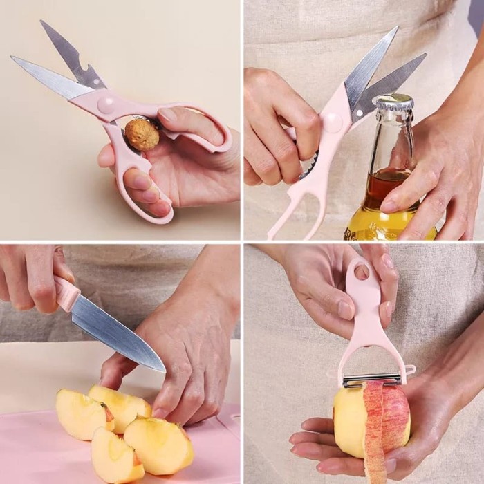 Pisau Set Talenan 4 in 1 Gunting Peeler Talenan Pisau Set Dapur Lengkap Potong Buah Sayur Daging Stainless Steel Plastic