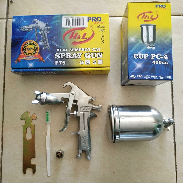 ORIGINAL NEW H&amp;L Spray Gun F75 Spet Alat Semprot Cat Angin Kompresor Tabung Atas F75 Cup 400Cc tersedia juga yukido Japan tekhnology