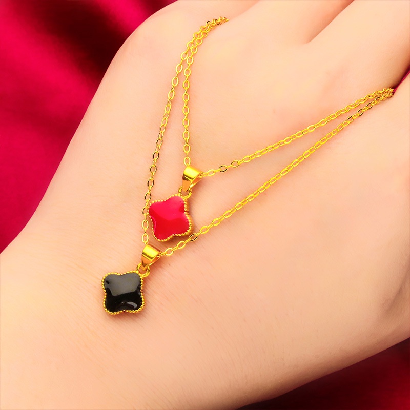 Goldkingdom Aksesoris Perhiasan Fashion Ready Stock Wanita Merah Hitam Tetes Minyak Semanggi Liontin Kalung