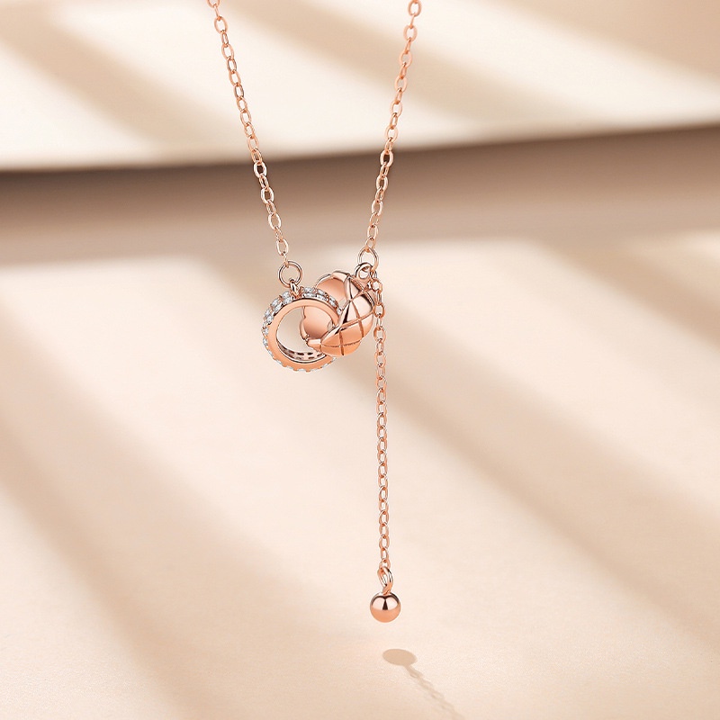 Sterling Silver Double Ring Kalung Perempuan ins Gaya Sterling Silver Musim Panas Gaya Baru Cahaya Mewah Niche Interlocking Rose Gold Rumbai Klavikula Rantai