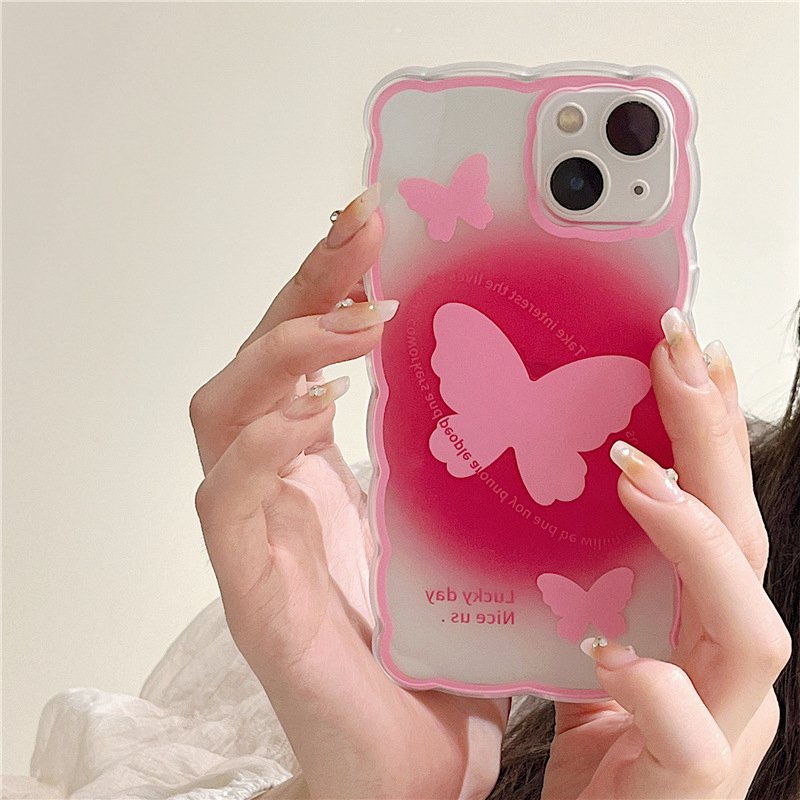 【INS Wave】Pink Butterfly Soft TPU Case HP iP iPhone 11 12 13 14 Pro Max 7 8 + Plus SE 2020 X XS XR Max Girl Woman Clear FTD Casing Apple