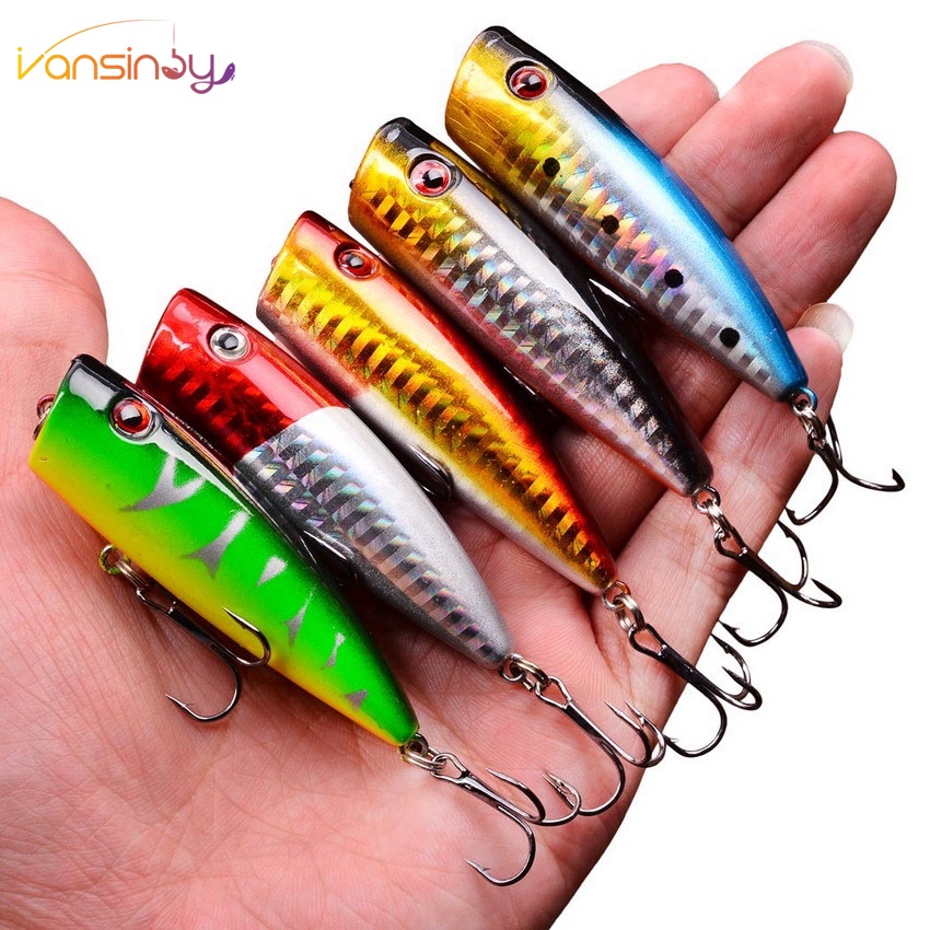 Umpan Pancing 7cm 8g Popper Umpan Engkol Topwater Pensil Bass Trout Umpan Pancing Dengan Kait Air Asin Air Tawar Trout Walleye Blueback Salmon Lele