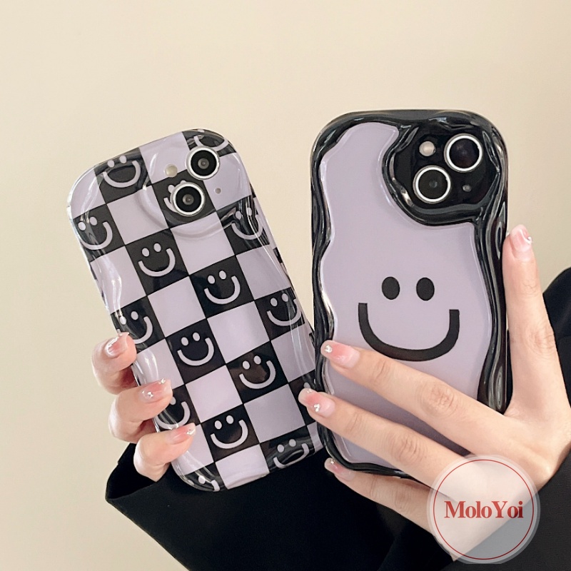Casing 3D Wavy Curved Edge Checkerboard Cute Smile Kompatibel Untuk iPhone 7Plus 8Plus 11 14 12 13 Pro Max XR X 7 8 6s 6 Plus XS Max SE 2020 Kartun Smiley Lembut Shockproof Glossy Cover