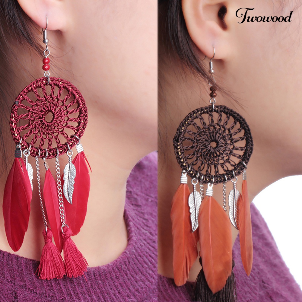 Twowood Ethnic Dream Catcher Rumbai Statement Hook Anting Juntai Panjang Wanita Perhiasan