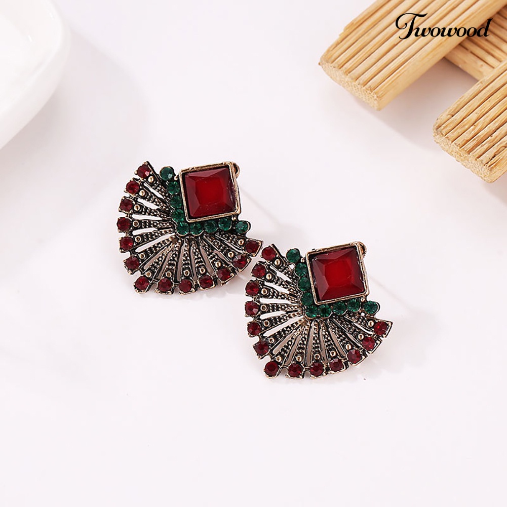 Twowood Wanita Vintage Gaya Etnik Berlian Imitasi Anting Berbentuk Kipas Bohemian Ear Stud Hadiah