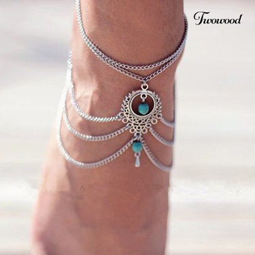 Twowood Wanita Boho Turquoise Beads Gelang Kaki Jumbai Rantai Ankle Bracelet Kaki Perhiasan