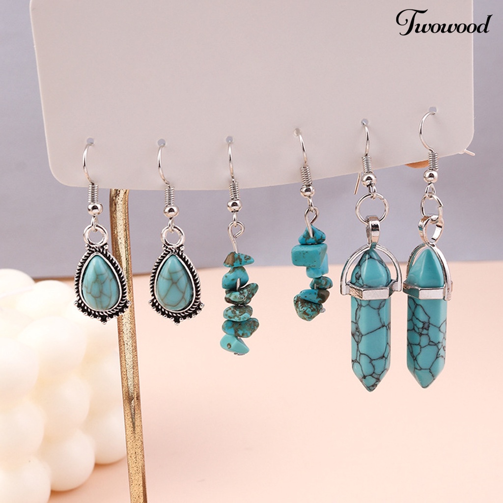 Twowood 1set Statement Kalung Etnik Retro Tetesan Air/Hexagon Prisma Imitasi Biru Turquoise Batu Alam Hoop Earrings Kit Perhiasan Fashion