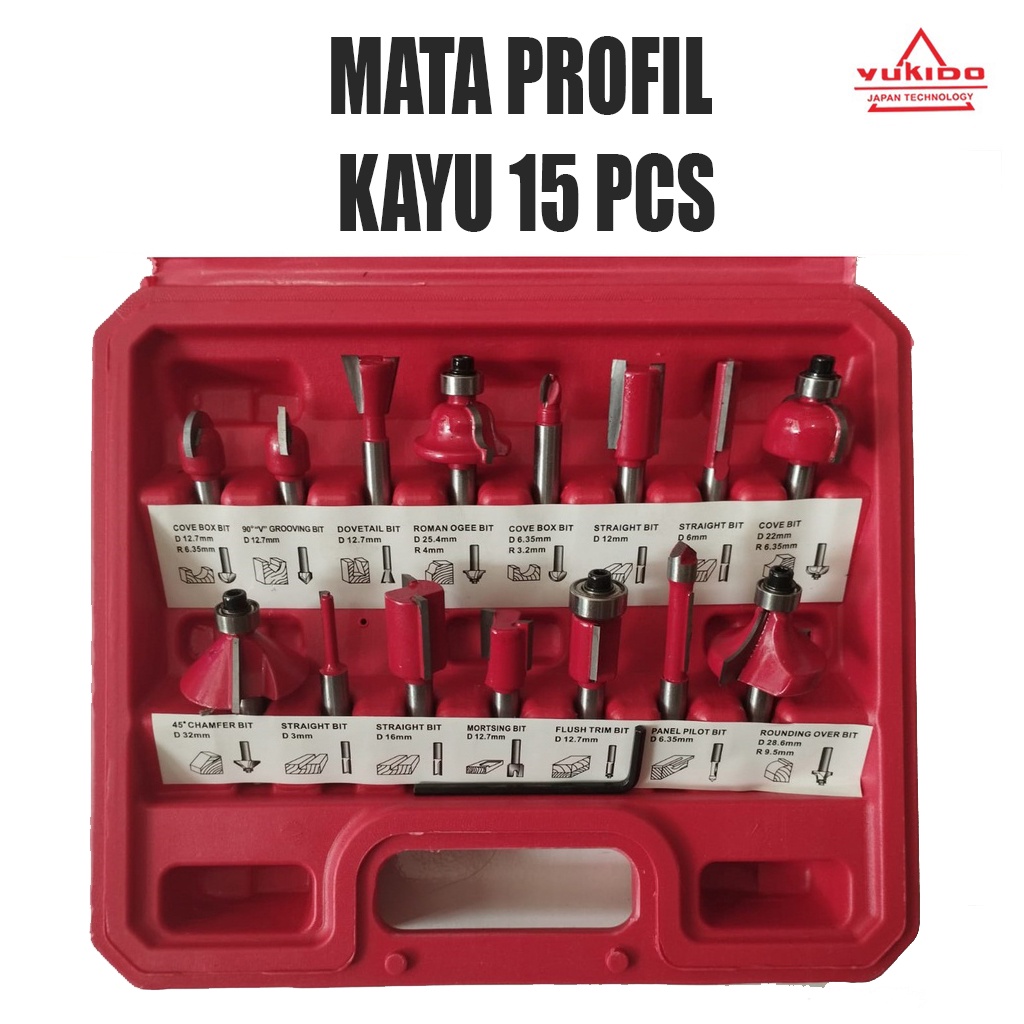 NEW Isi 15 pcs mata trimmer set yukido aksesoris mesin profil kayu router bit set 6mm