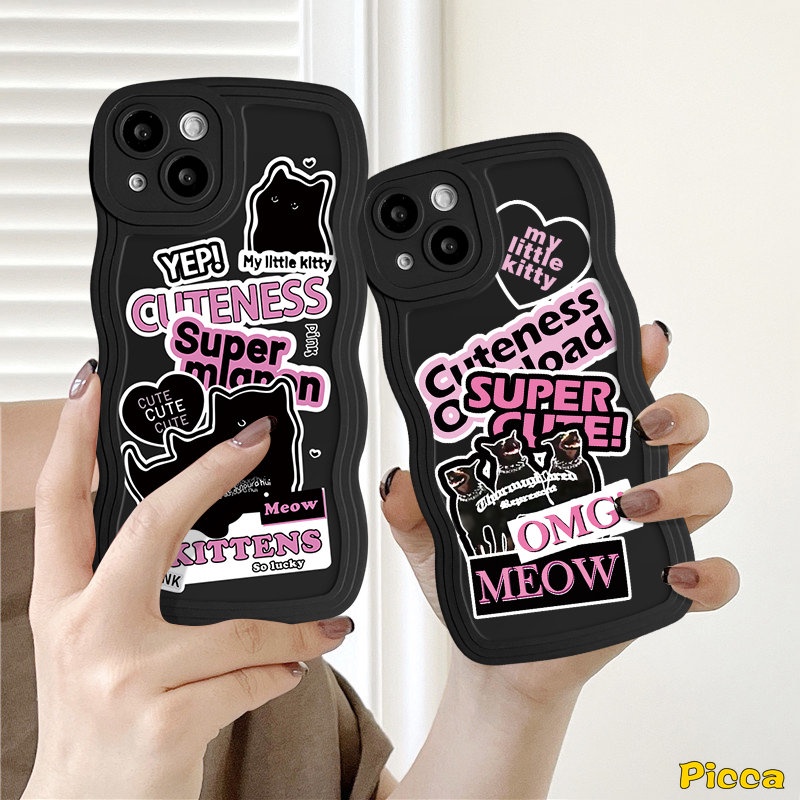 IPHONE Casing Ponsel Kartun Kucing Anjing Keren Kompatibel Untuk Iphone14 11 12 13 Pro Max 7Plus 8Plus XR X7 8 6 14 6s Plus XS Max SE 2020 Ins Trendy Stiker Label Lembut Tpu Bergelombang Penutup Tepi