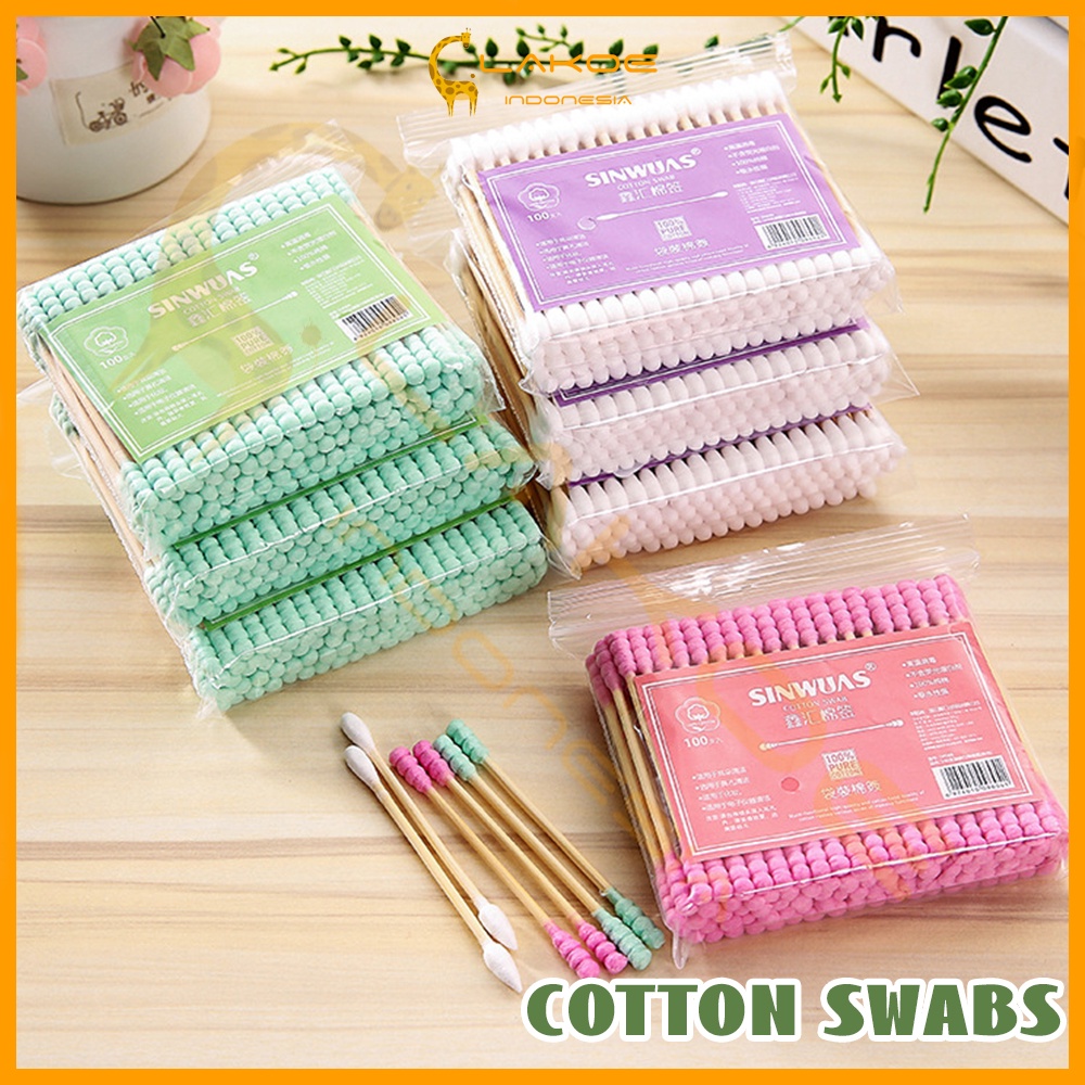 Lakoe 100Pcs Cotton Bud/Cotton Swabs Pack Baby Thin Cotton Bud Berwarna Ganda-Spiral Ujung Kapas/Cotton Swab