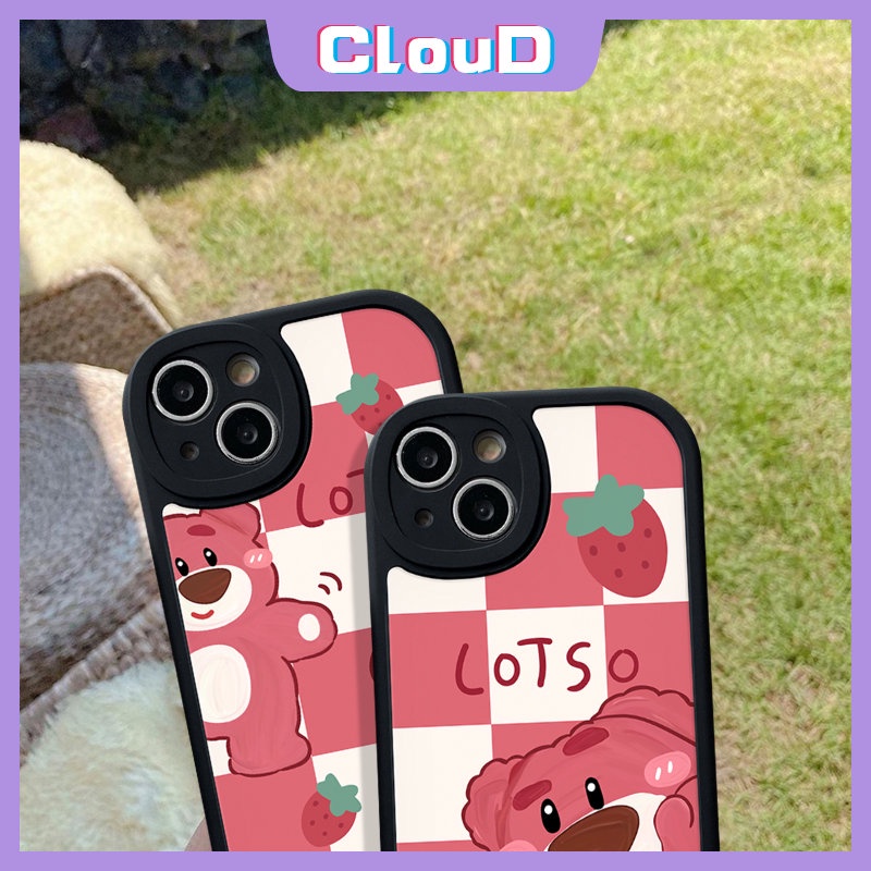 IPHONE Kartun Lucu Strawberry Bear Manyo Case Kompatibel Untuk Iphone11 Pro Max X XS Max 7Plus 8Plus XR 6s 76 8 Plus 13 14 12 Pro Max SE 2020 Kisi Lembut Tpu Penutup Belakang