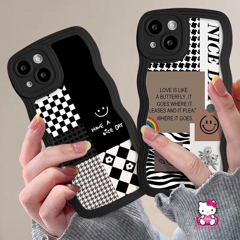 Houndstooth Diamond Splicing Pattern Smiley Case Untuk Realme C53 C55 C33 C30 C15 C21Y C35 C12 C25 C25s C25Y C20 C11 C20A C3 10 7 6i 8 9 Pro+ 5 5i 5s 8Pro 9i 7i 8i Penutup Tepi Bergelombang