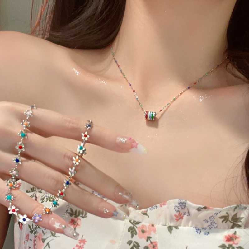 Magic789 Trendi s925 Perak Rainbow Silinder Liontin Kalung Untuk Wanita Perempuan Elegan Warna-Warni Manik-Manik Rantai Kalung Perhiasan Hadiah