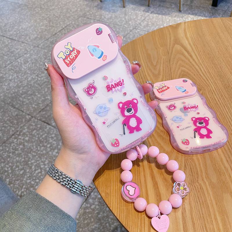 Strawberry Bear Toy Mirror Bracelet Soft TPU Case HP iP iPhone 14 + Plus 11 12 13 Pro Max X XS XR Max Girl Woman FTD Casing Apple